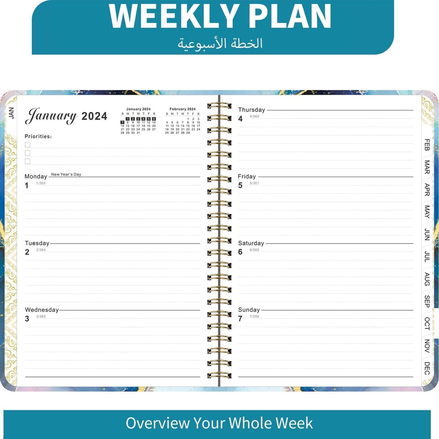 KSNOW 2024 Weekly and Monthly Planner, Runs from January 2024 to December 2024, Life Planner to Hit Your Goals & Live Happier, 12 Months Yearly Agenda Productivity for Women & Men, A5 (Blue)