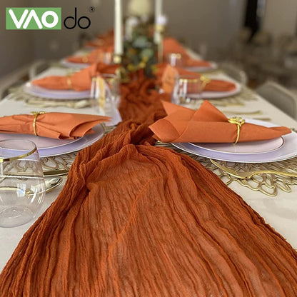 VAODO Table Runner, 90*300cm Gauze Table Runner, Bohemian Style Rustic Decorations, Cheese Cloth Pleated Table Runner for Wedding, Party, Baby Shower Table Decoration,Red