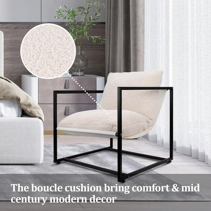 ZYBT Sherpa Modern Accent Chairs, Living Room Chairs with Metal Frame and Upholstered, Lazy Arm Chair with White Boucle for Bedroom