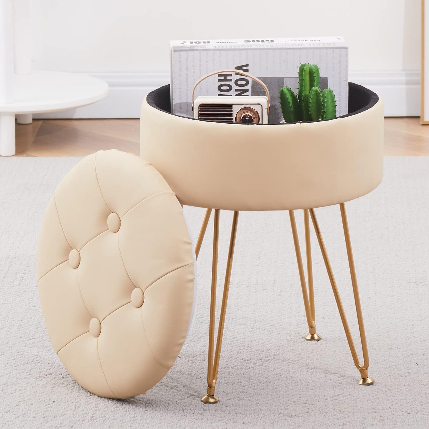 Cpintltr Faux Leather Storage Ottoman Round Footrest Stool Multifunctional Upholstered Ottoman with Metal Legs Modern Vanity Stools Tray Top Coffee Table Suitable for Living Room Bedroom Black