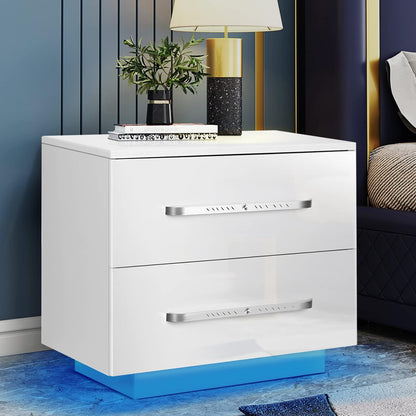 Hommpa LED Nightstand Modern Black Nightstand with Led Lights Wood Bedside Table Night Stand with 2 High Gloss Drawers for Bedroom 19.7" Tall