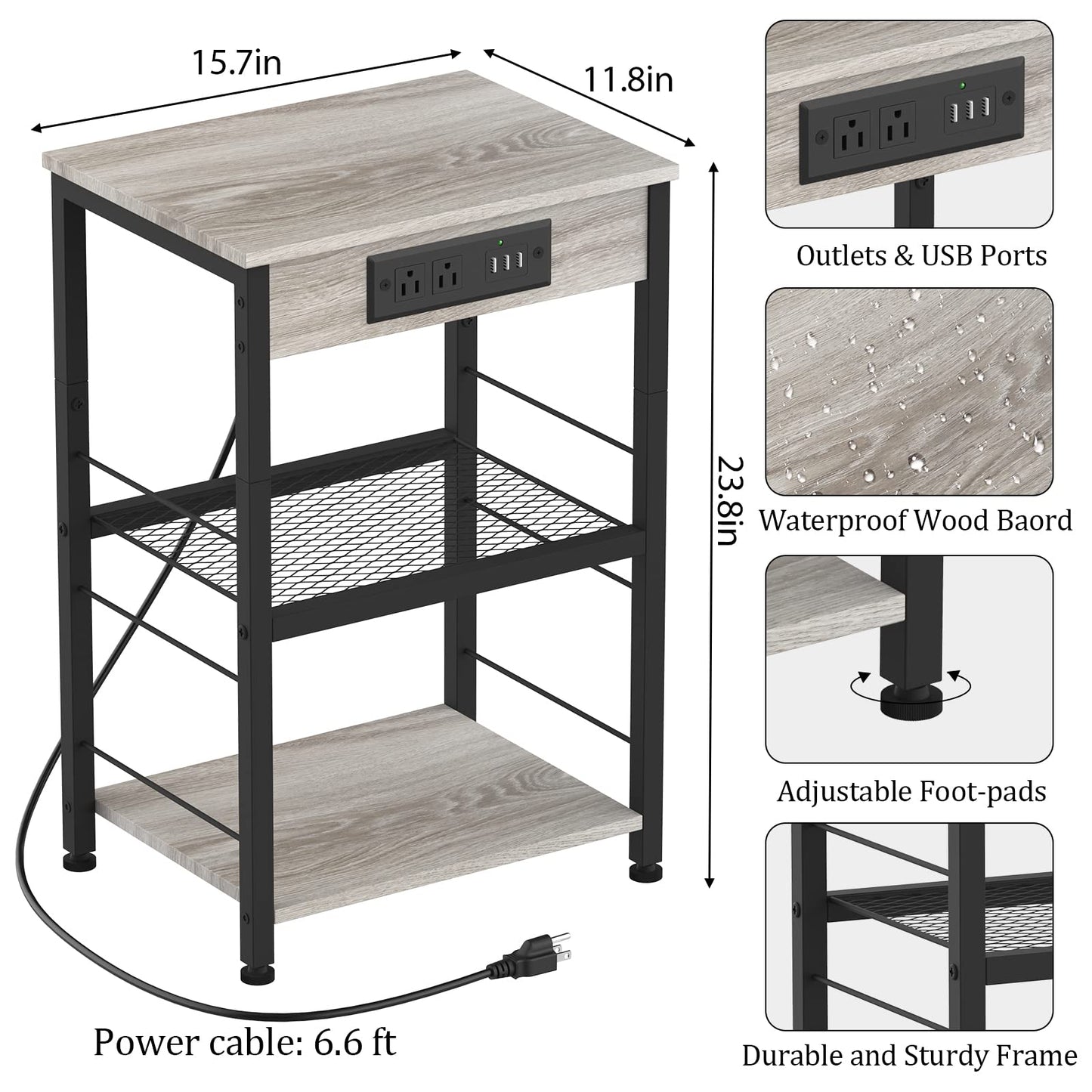 Nightstand with Charging Station End Table with USB Ports and Power Outlets Side Tables Bedroom with Storage Shelves Industrial End Table 3 Tier in Living Room Bedside, Brown