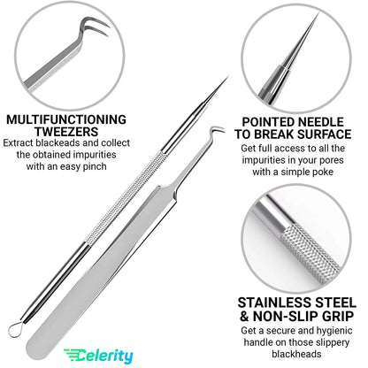 Celerity 06 Piece Professional Stainless steel Tweezer kit With Leather Case |Blackheads Pimple Acne Remover Plus Comedone Extractor tweezers Eyebrow Facial Hairs for Women and Men Beauty