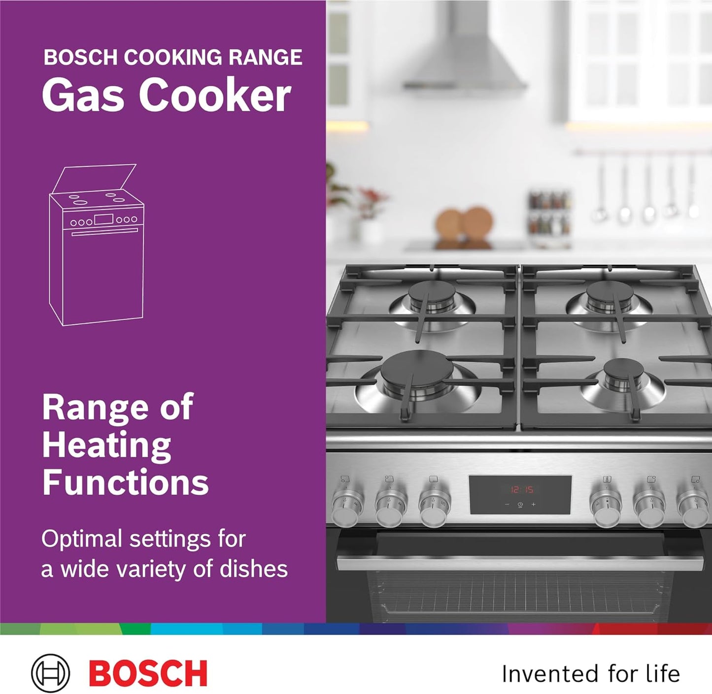 Bosch Free Standing Cooker, Gas Cooker 53.7 kg, Stainless Steel Gas Range Cooker, German Engineering Cooking Range HXQ38AE50M