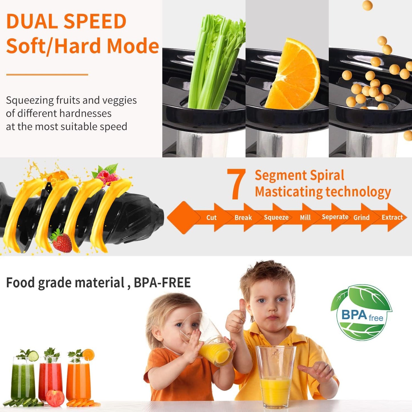 Slow Juicer Machine, Vegetable and Fruit Juicer, Cold Press Juicer Machines with Quiet Motor, Reverse Function, BPA Free, Easy Clean Masticating Juicer Extractor for Celery Carrots Ginger Wheatgrass