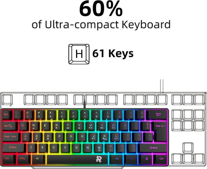 ROCK POW 60% Wired Gaming Keyboard, RGB Backlit Ultra-Compact Mini Keyboard, Waterproof Small Compact 61 Keys Keyboard for PC/Mac Gamer, Typist, Travel, Easy to Carry on Business Trip(Black-White)