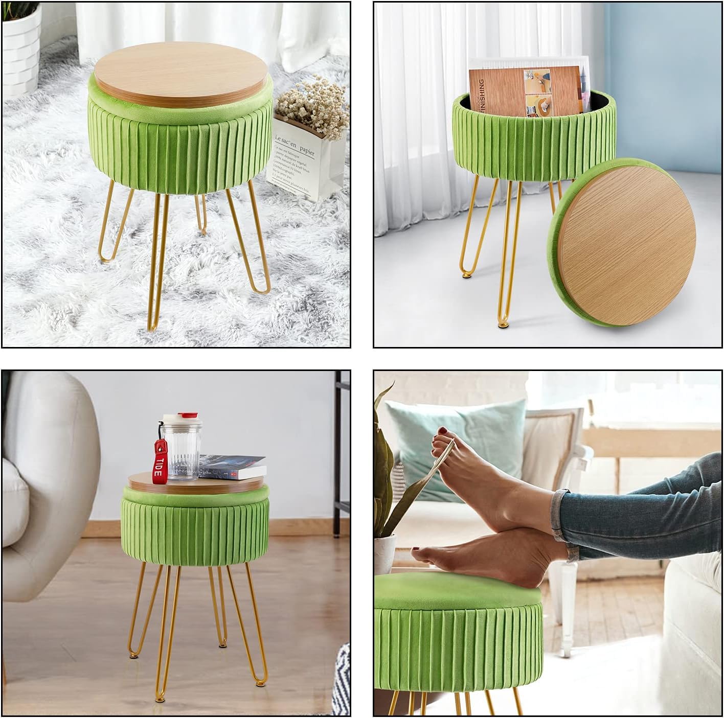 XTECH Stripe Velvet Vanity Chair Round Ottoman,Upholstered Vanity Makeup Footstool Side Table Dressing Chair with Golden Metal Legs (Green), DBXT7164-70