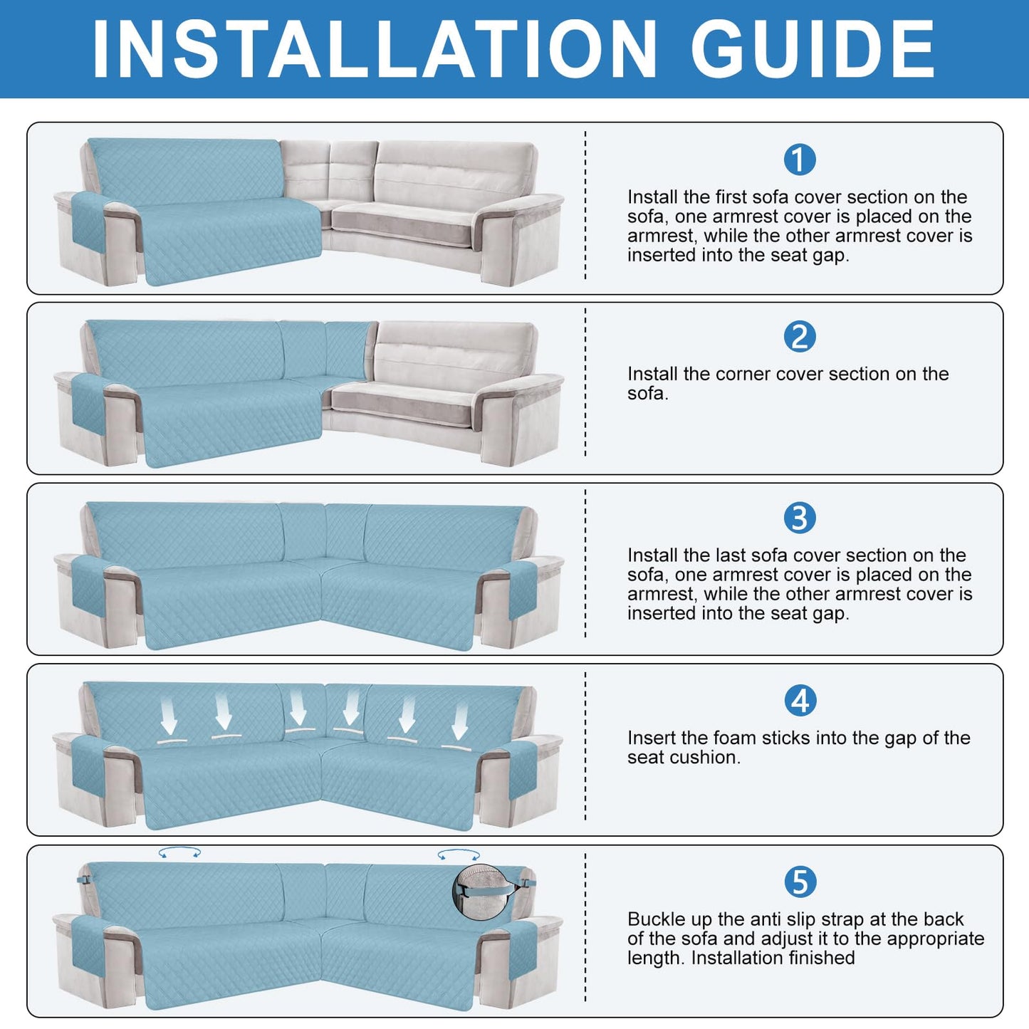 ALIECOM 100% Waterproof Corner Sectional Couch Covers L Shape Sofa Cover Washable 3 Piece Quilted U Shaped Sectional Slipcover Set Anti Slip Furniture Protector for Pets Dogs Cat (Silver Gray, Large)