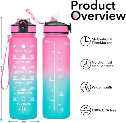 SKY-TOUCH 1L Sports Water Bottle : Motivational Water Bottle with Time Marker and Straw Leakproof Water Bottles for Fitness Gym and Outdoor Sports (Blue&Pink, 1pcs)