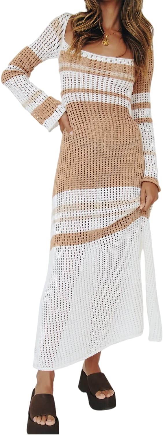 Womens Striped Square Collar Knit Hollow Out Long Sleeve Crochet Maxi Dress