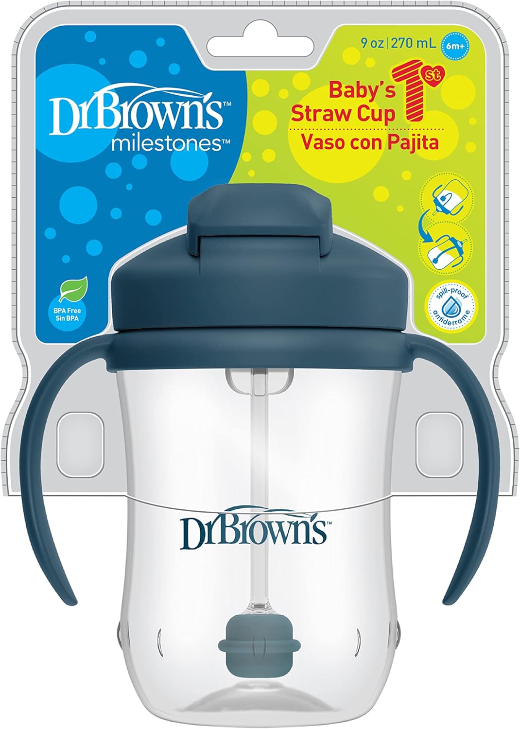 Dr. Brown's Milestones Baby's First Straw Cup Sippy Cup with Straw 6m+, 9oz/270ml, Dark Blue