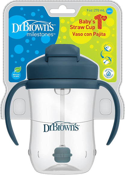 Dr. Brown's Milestones Baby's First Straw Cup Sippy Cup with Straw 6m+, 9oz/270ml, Dark Blue