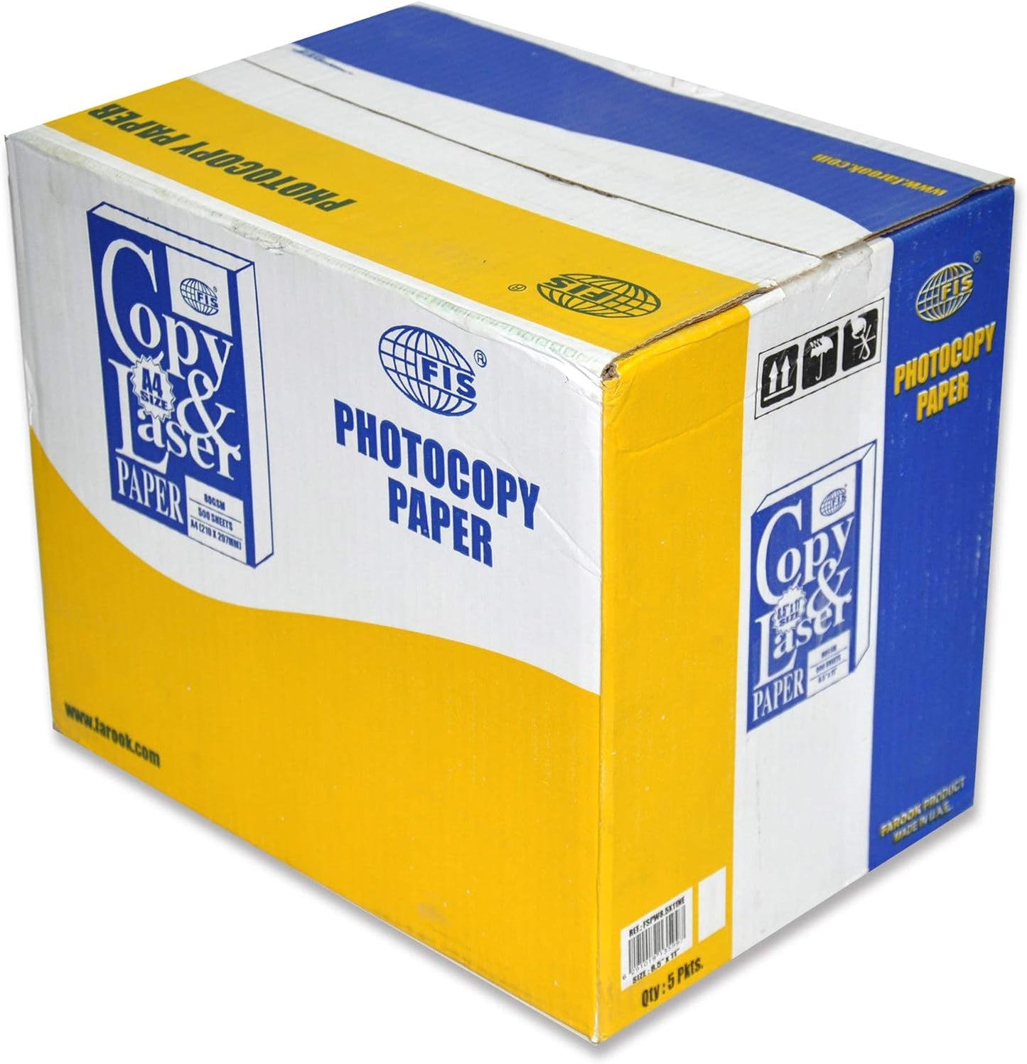 FIS Copy & Laser Photocopy Paper Ream(500 Sheets), A4 Size, 80 GSM, White Color- Box of 5 Pieces - FSPWA4JFNE