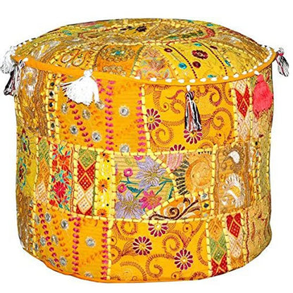 Aakriti Gallery Indian Pouf Footstool Ethnic Embroidered Pouf Cover, Indian Cotton Round Pouffe Ottoman Pouf Cover Pillow Ethnic Decor Art - Cover Only (Yellow, 18x13)