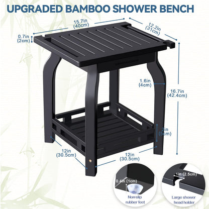 KingPavonini 2-Tier Bamboo Shower Bench for Inside Shower Shaving Legs, 25 Inch Waterproof Bathroom Bench Shower Stool with Storage Shelf, Safe & Stable for Seniors Adults Disabled Women (Black)