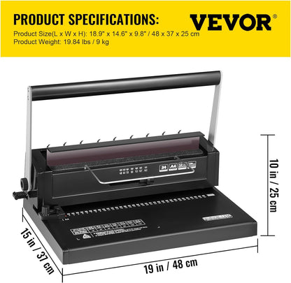 VEVOR 34 Holes Manual Coil Binding Machine TD-130 Book Binding Machine Spiral Coil Paper Puncher Wire Punching Binder Insert 34 Holes 120 Sheet of A4 Papers black