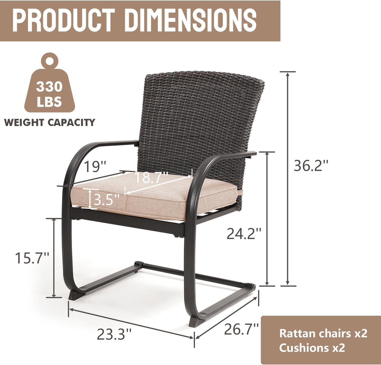 Wonder Comfort 3 Piece All-Weather Patio Bistro Set with Tempered Coffee Table and Wicker Chairs for Garden, Balcony, Backyard, Yard, and Poolside, Nature with Grey Cushions