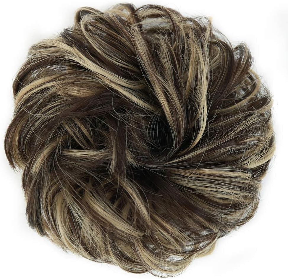 MORICA 1PCS Messy Hair Bun Hair Scrunchies Extension Curly Wavy Messy Synthetic Chignon for Women (12AH613(Light Golden Brown & Lightest Blonde))