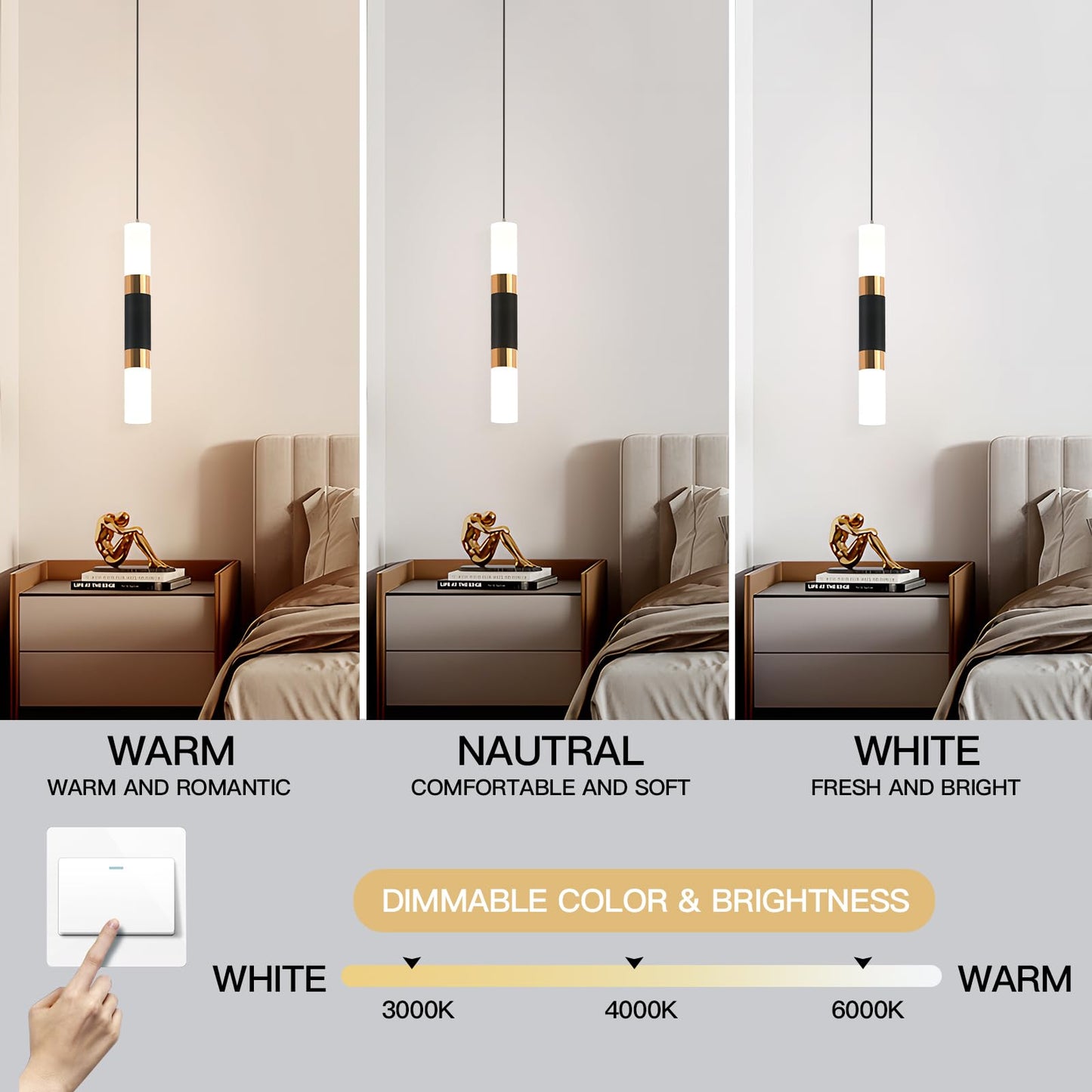 YT YATAI LIGHTING LED Pendant Light Ceiling 3 Heads,Dining Room Table Pendant Light,Black Gold Modern Cylinder Shape Pendant Lamp,Adjustable Color Temperature Acrylic Hanging Light(18W,3-Lights)