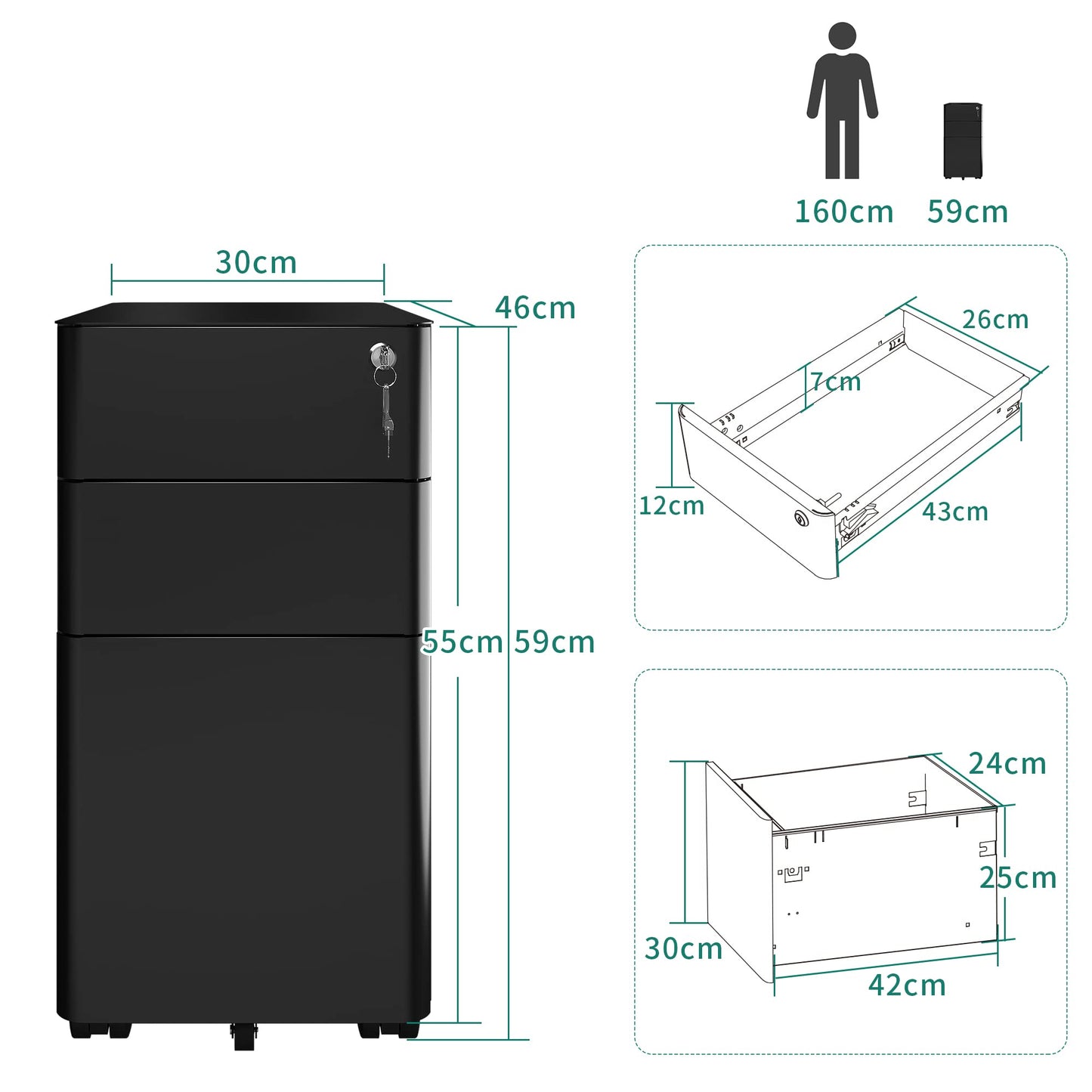 YITAHOME Fully Assembled Metal File Cabinet with 3 Lockable Drawers, Mobile Filing Cabinet for Home Office, Under Desk File Office Drawers for Letter/Legal/A4, Black, 30 x 46 x 59cm