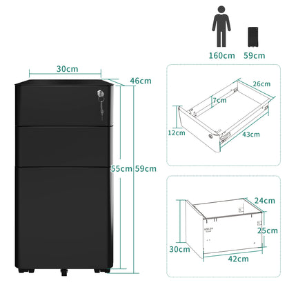 YITAHOME Fully Assembled Metal File Cabinet with 3 Lockable Drawers, Mobile Filing Cabinet for Home Office, Under Desk File Office Drawers for Letter/Legal/A4, Black, 30 x 46 x 59cm