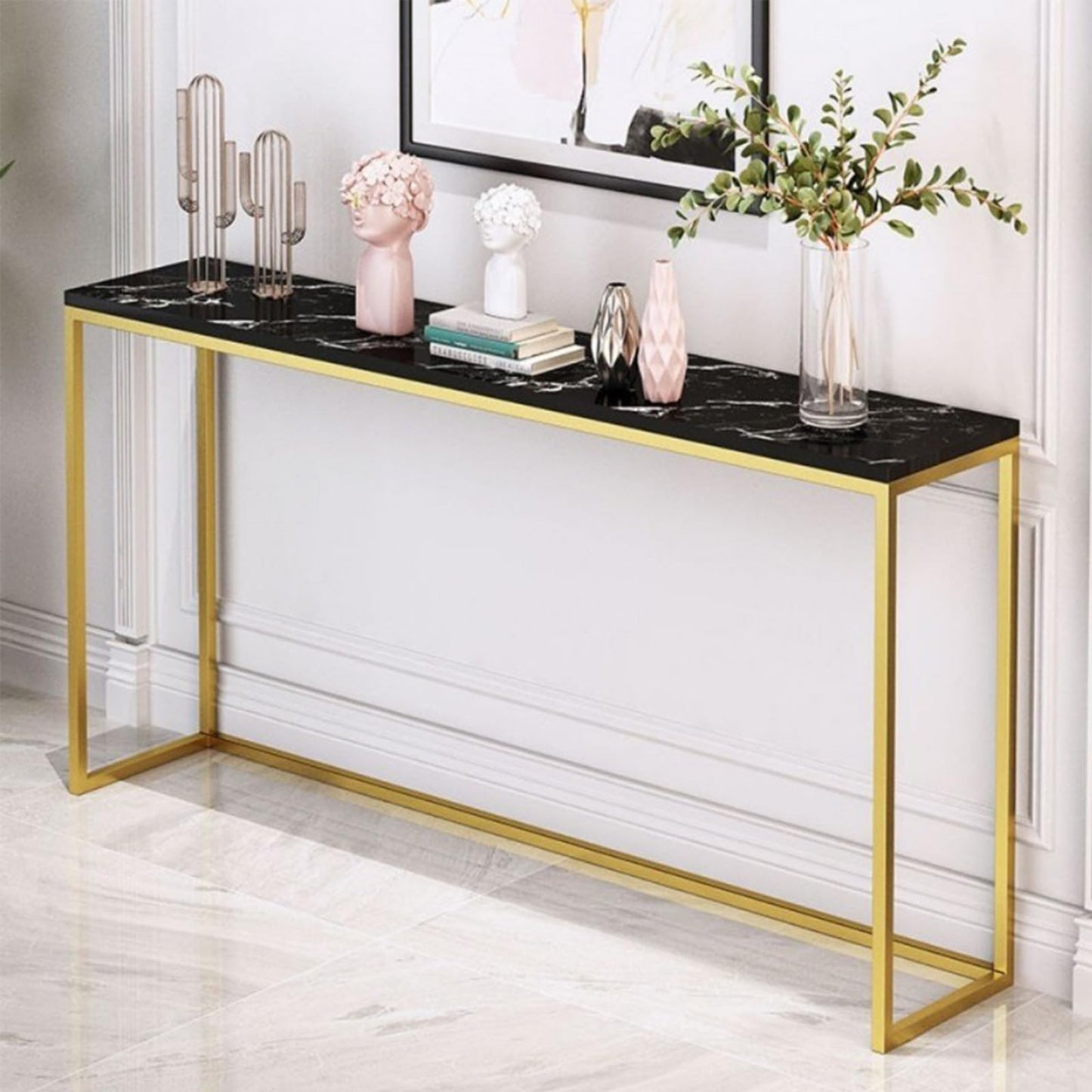 Beauenty Black Gold Console Table, Glass Sofa Tables, Modern Open Hallway Table, Narrow Entryway Table, Slim Accent Porch Table, Couch Side Table with Golden Metal Frame, Easy Assembly