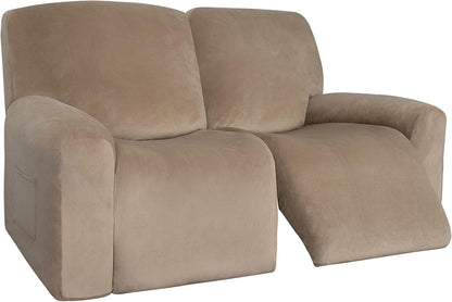 Easy-Going Velvet Reclining Loveseat with Middle Console Slipcover, Stretch 8-Piece Loveseat Reclining Sofa Covers, 2 Seat Loveseat Recliner Slipcover, Thick, Soft, Washable, Gray