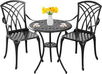 Withniture Bistro Table and Chairs Set of 2 Outdoor 3 Piece Bistro Sets Cast Aluminum Patio Bistro Set with Umbrella Hole, Patio Set for Garden, Black