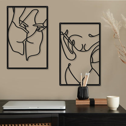 CHENGU 3 Pieces Metal Minimalist Abstract Woman Wall Art Line Drawing Wall Art Decor Single Line Female Home Hanging Wall Art Decor for Kitchen Bathroom Living Room (Black, Hand)