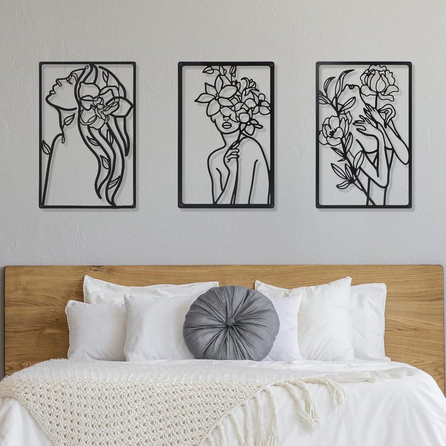 CHENGU 3 Pieces Metal Minimalist Abstract Woman Wall Art Line Drawing Wall Art Decor Single Line Female Home Hanging Wall Art Decor for Kitchen Bathroom Living Room (Black, Hand)