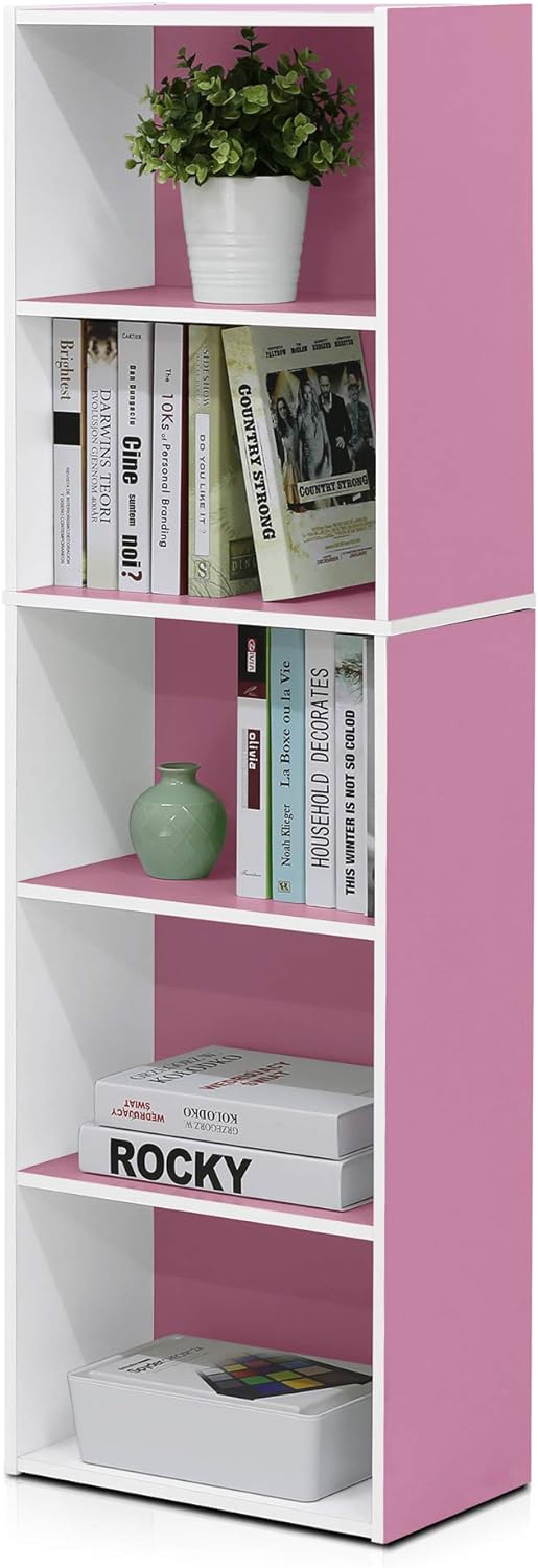 Furinno 5-Tier Reversible Color Open Shelf Bookcase, White/Pink 11055WH/PI