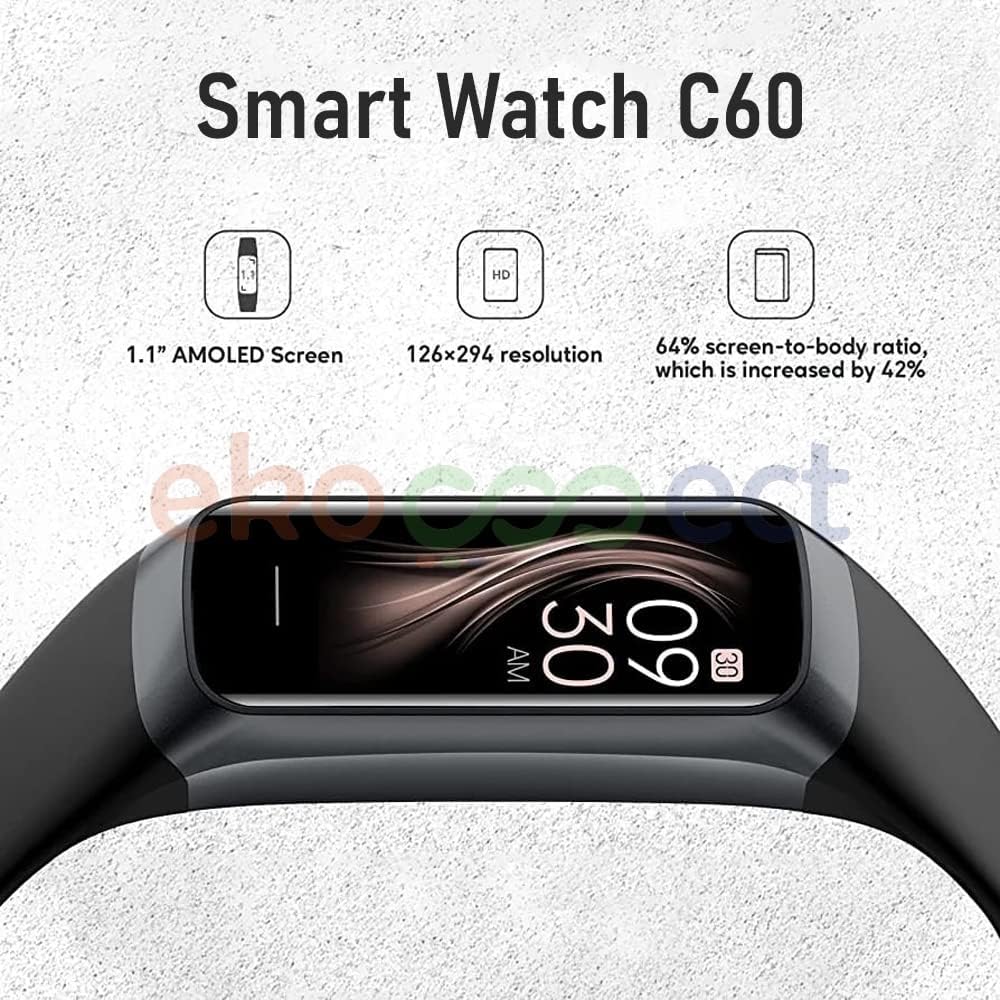 Ekoconect Smart Bracelet C60 Men Women IP68 Sport Bracelet Calorie Counter Fitness 1.1 inch AMOLED Touch Screen Heart Rate Blood Pressure Monitor Watch For IOS Android (Black)