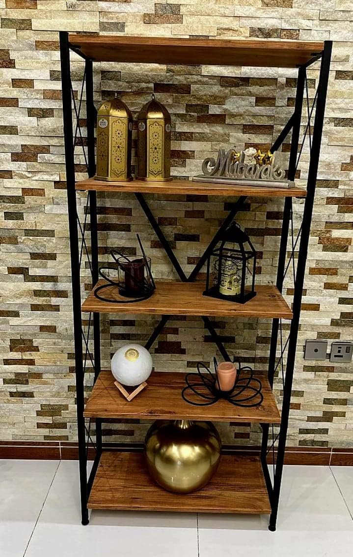 REKO -Ladder Shelf, 5 Tier Bookshelf, Storage Rack Shelves 120 cm high x 70 cm width, Bathroom, Living Room, Wood Look Accent Furniture, Metal Frame, Rustic Brown + Black