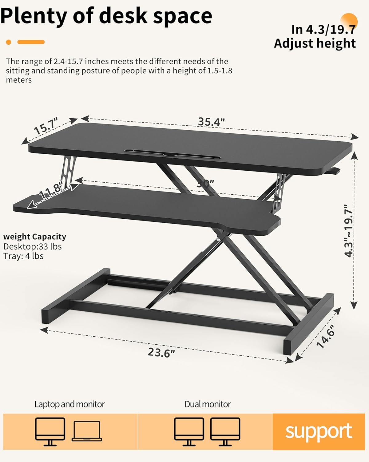 OUUTMEE Standing Desk Table Top Silent Lift Up Desk Desks and workstations Work Table Top Size 73 x 47cm Lifting Range 6-40cm Gas Pressure Lift Table Gentle Black