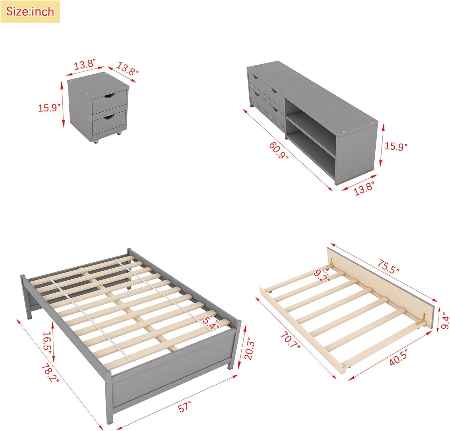 BIADNBZ Full Size Platform Bed with Trundle, Storage Box and Nightstand, Wooden 2-Piece Bedroom Furniture Set with Drawers & Shelves, for Kids Teens Adults Bedroom, Gray