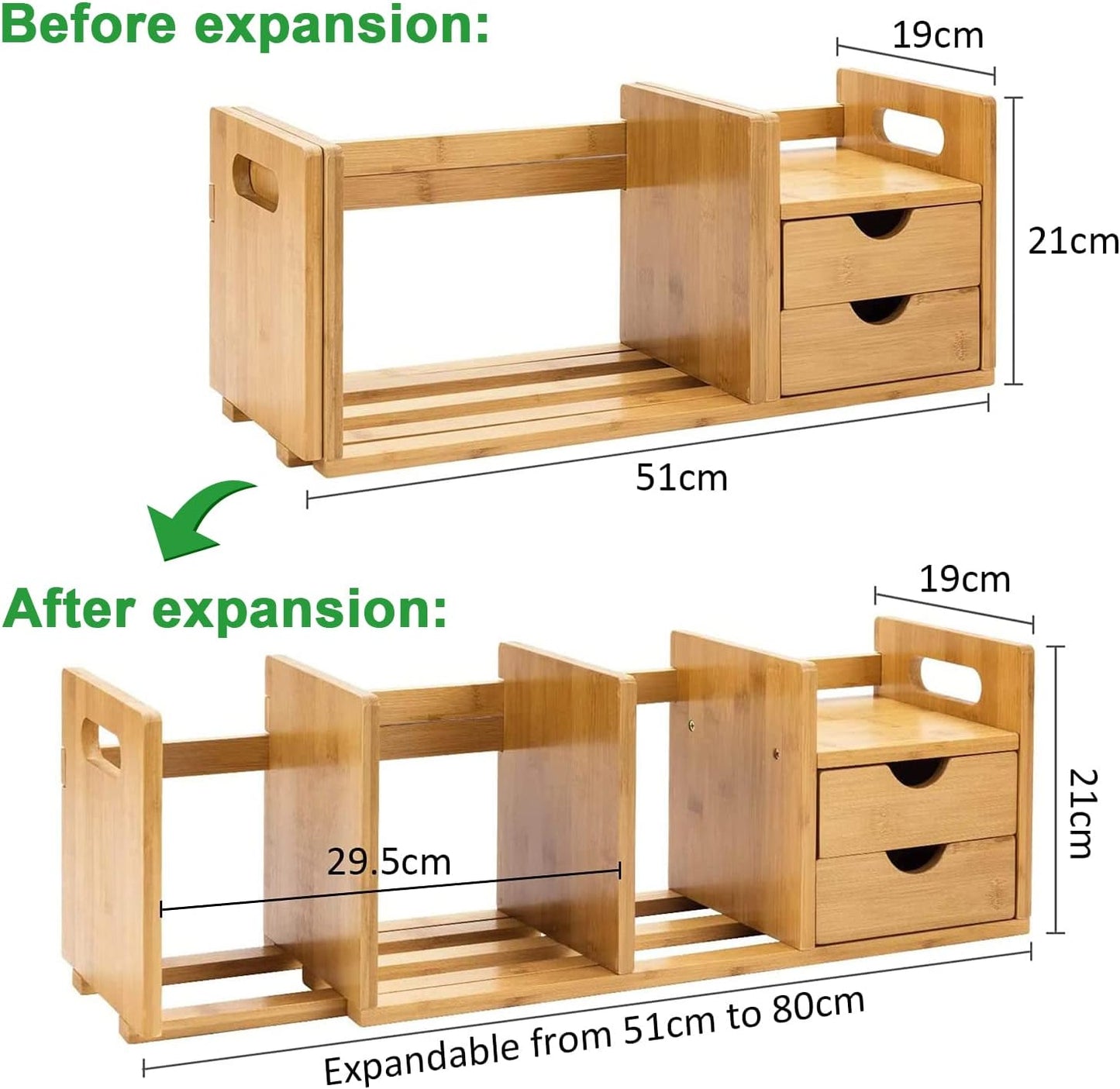 Cestbella Expandable Desktop Bookshelf, Adjustable Bamboo Desk Storage Organizer with 2 Drawers Tabletop Bookcase Desk Display Shelf Rack Book Office Supplies for Home Tabletop Dormitory