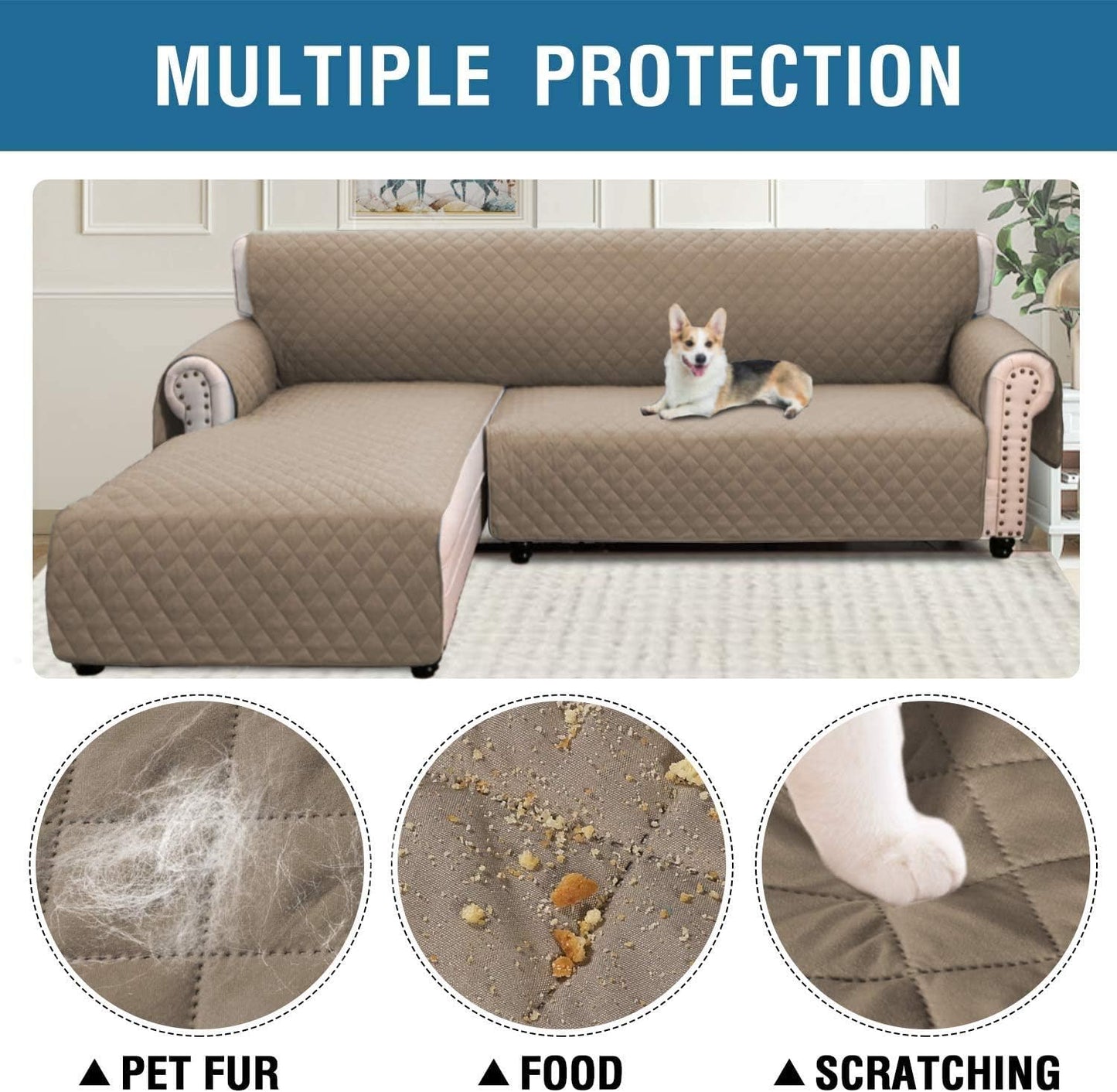 LINFKY Sofa Covers L Shape Couch Covers for Reversible Sectional Sofa Chaise Lounge Sofa Cover Slipcovers Furniture Protector for Dogs Pets, Non Slip with Straps (Grey,Large)