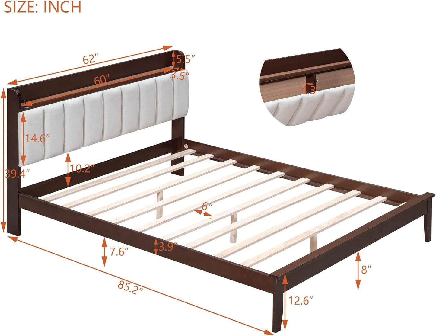 DRELOFT 3-Pieces Bedroom Sets, Queen Wooden 2 Nightstands, Platform Bed Frame with USB Charging Station, LED Lights and Storage Upholstered Headboard, Walnut & Beige