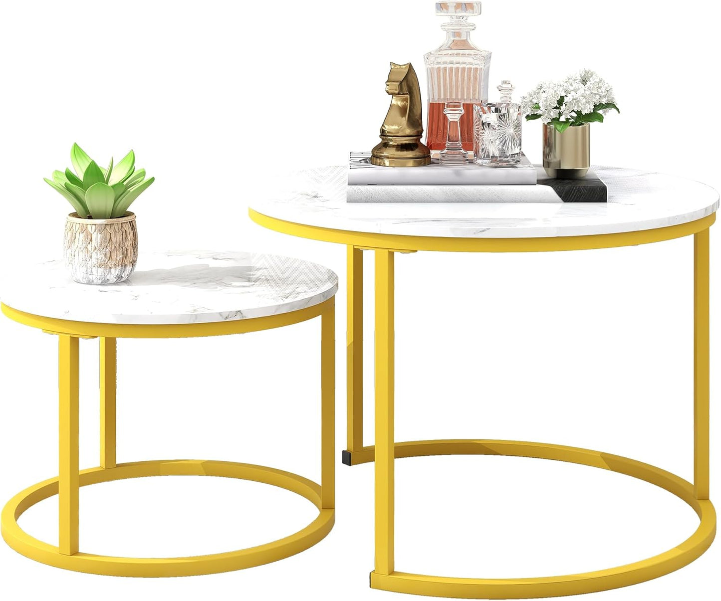 ARFARLY Round Coffee Table Set of 2 End Tables for Living Room, Nesting Coffee Table Wooden Accent Furniture with Golden Metal Frame,Stacking Side Tables