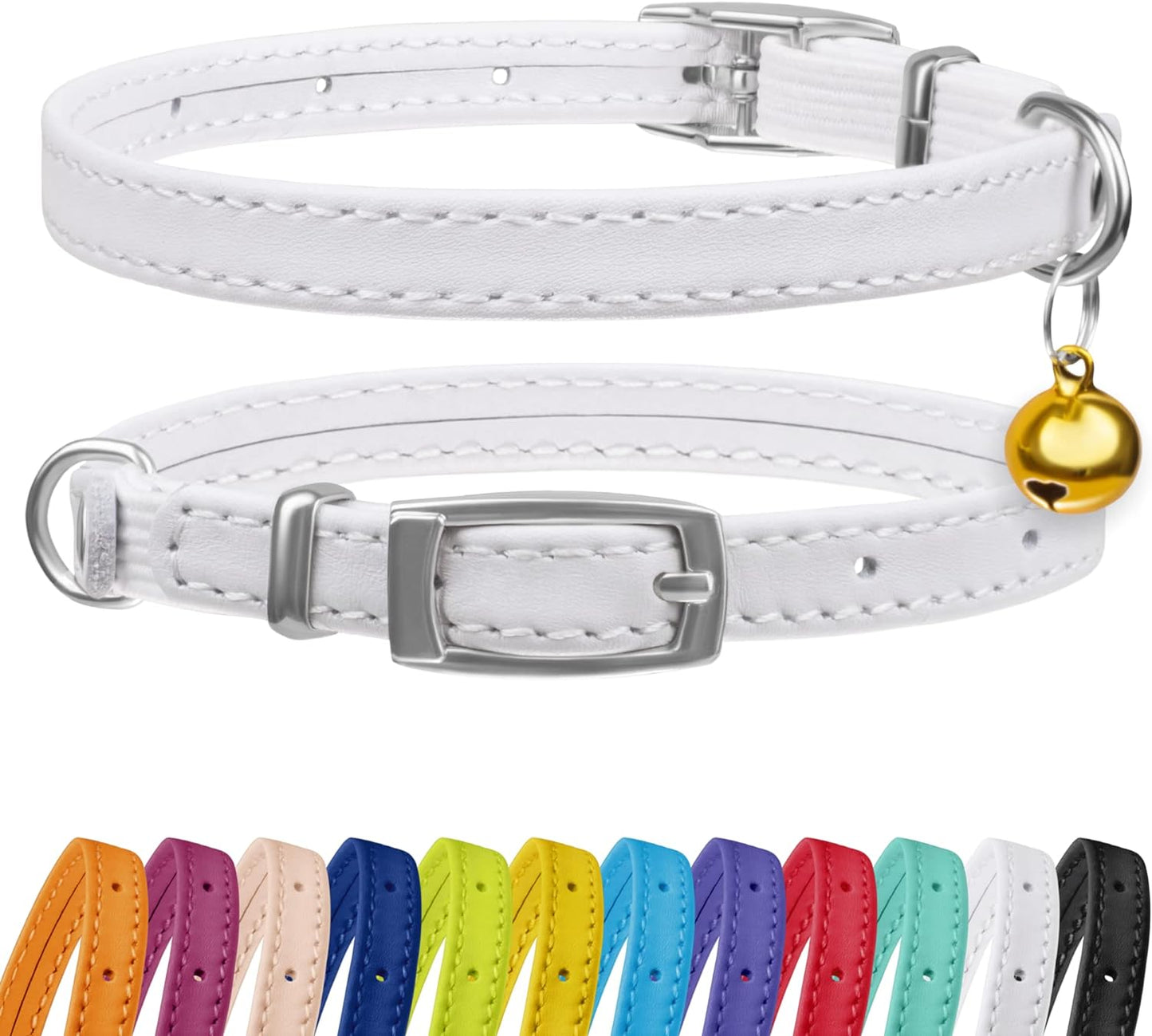 CollarDirect Leather Cat Collar with Elastic Safety Strap and Bell for Boy, Girl, Kitten (Neck Fit 9"-11", White)