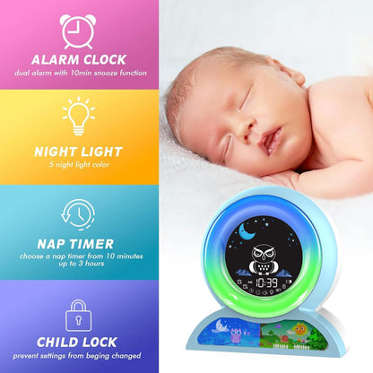 Angju Alarm Clock for Kids, Toddlers Sleep Training Clock with Night Light, Sound Machine & Night Light, Multifunctional Cute Digital Wake Up Clock for Boy and Girl Bedrooms, Birthday Gift