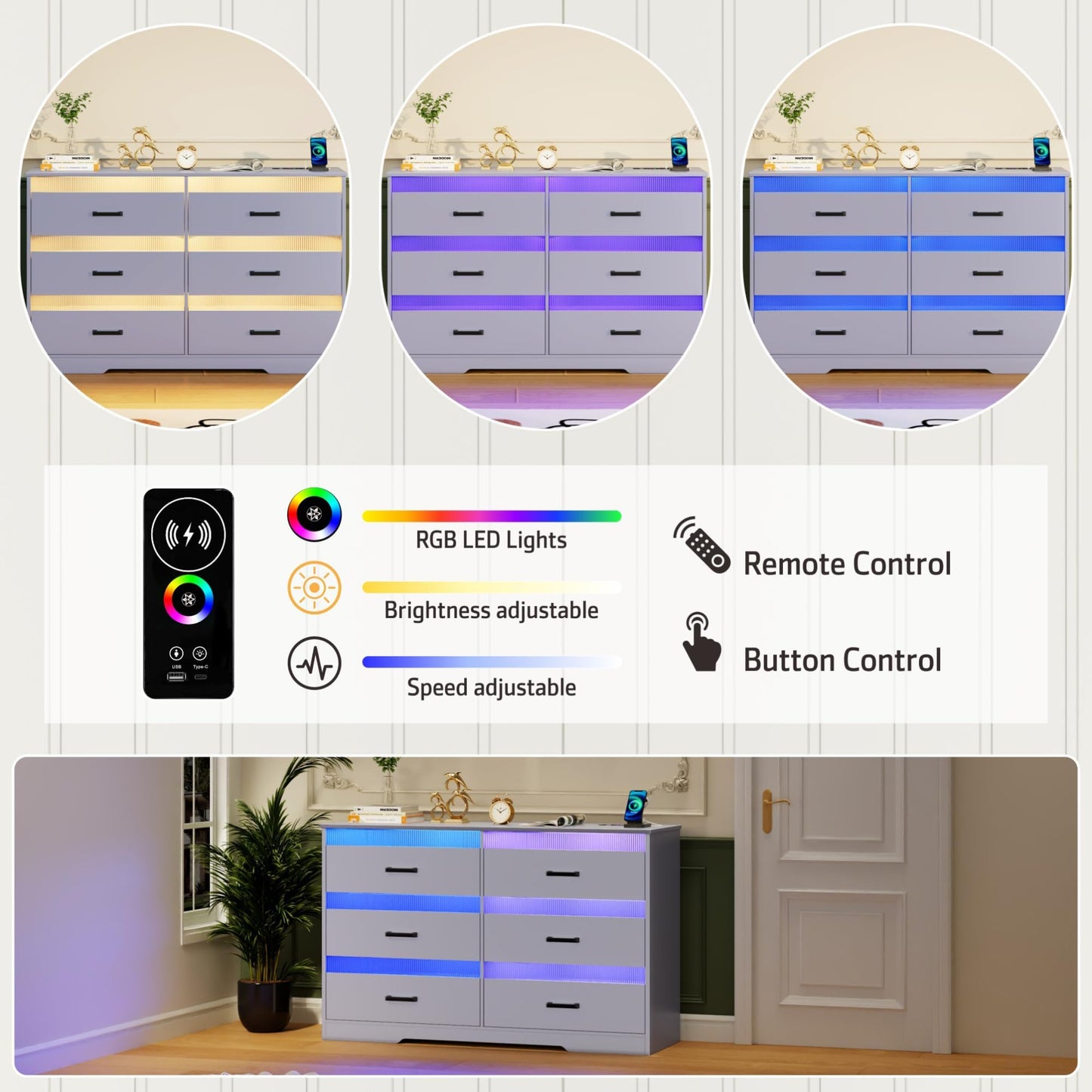 Dystler 6 Drawer Large Chest of Drawers, Modern Dresser for Bedroom with Charging Station, Wood Bedroom Dresser for Closet/Living Room/Hallway, White