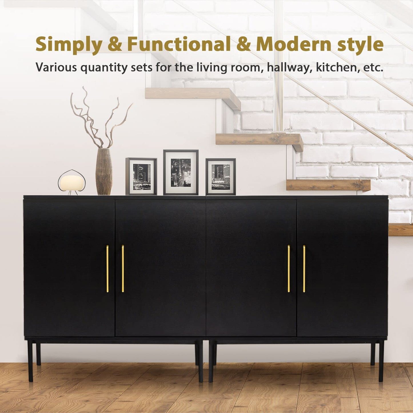 REHOOPEX Balck Storage Cabinet, Modern Buffet Cabinet with Two Adjustable Shelve, Free Standing Sideboard and Buffet Storage, Wood Cabinet for Living Room, Kitchen, Bedroom or Hallway (Two Shelves)