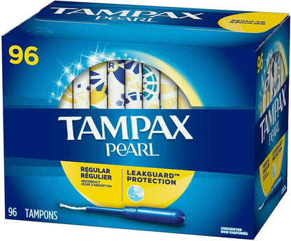 Tampax Pearl Regular Absorbency Unscented Tampons, Leakguard protection 96 Count, Pack of 1