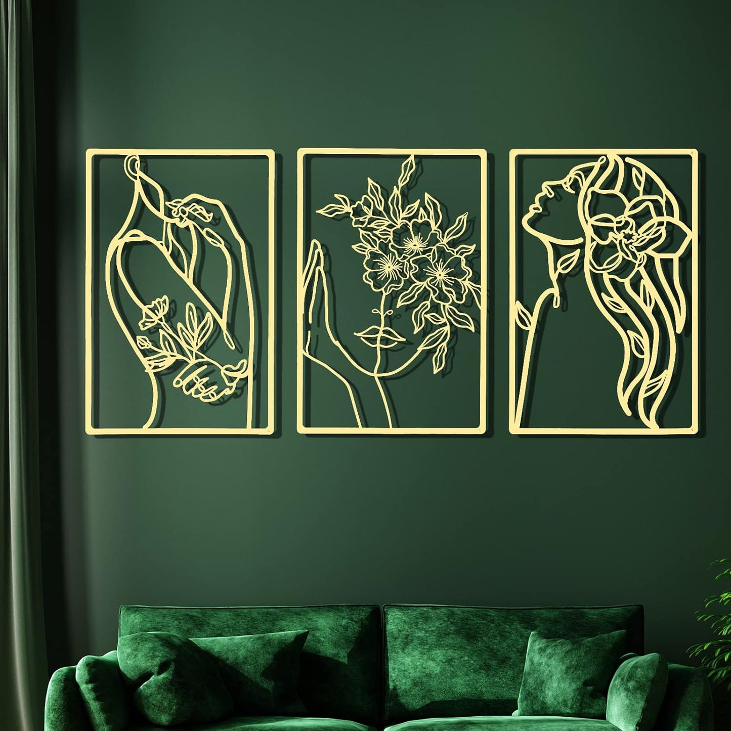 CHENGU 3 Pieces Metal Minimalist Abstract Woman Wall Art Line Drawing Wall Art Decor Single Line Female Home Hanging Wall Art Decor for Kitchen Bathroom Living Room (Black, Hand)