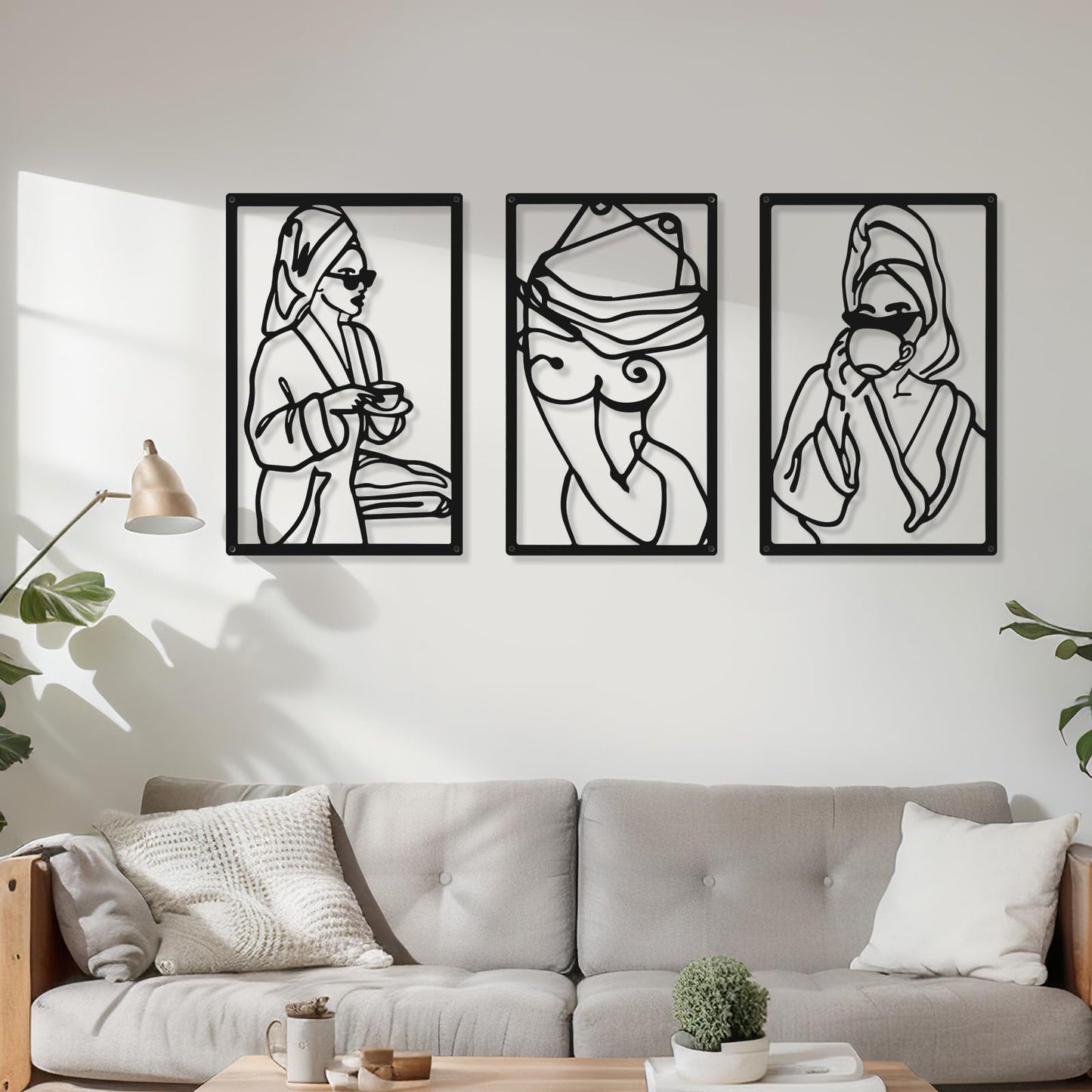 CHENGU 3 Pieces Metal Minimalist Abstract Woman Wall Art Line Drawing Wall Art Decor Single Line Female Home Hanging Wall Art Decor for Kitchen Bathroom Living Room (Black, Hand)