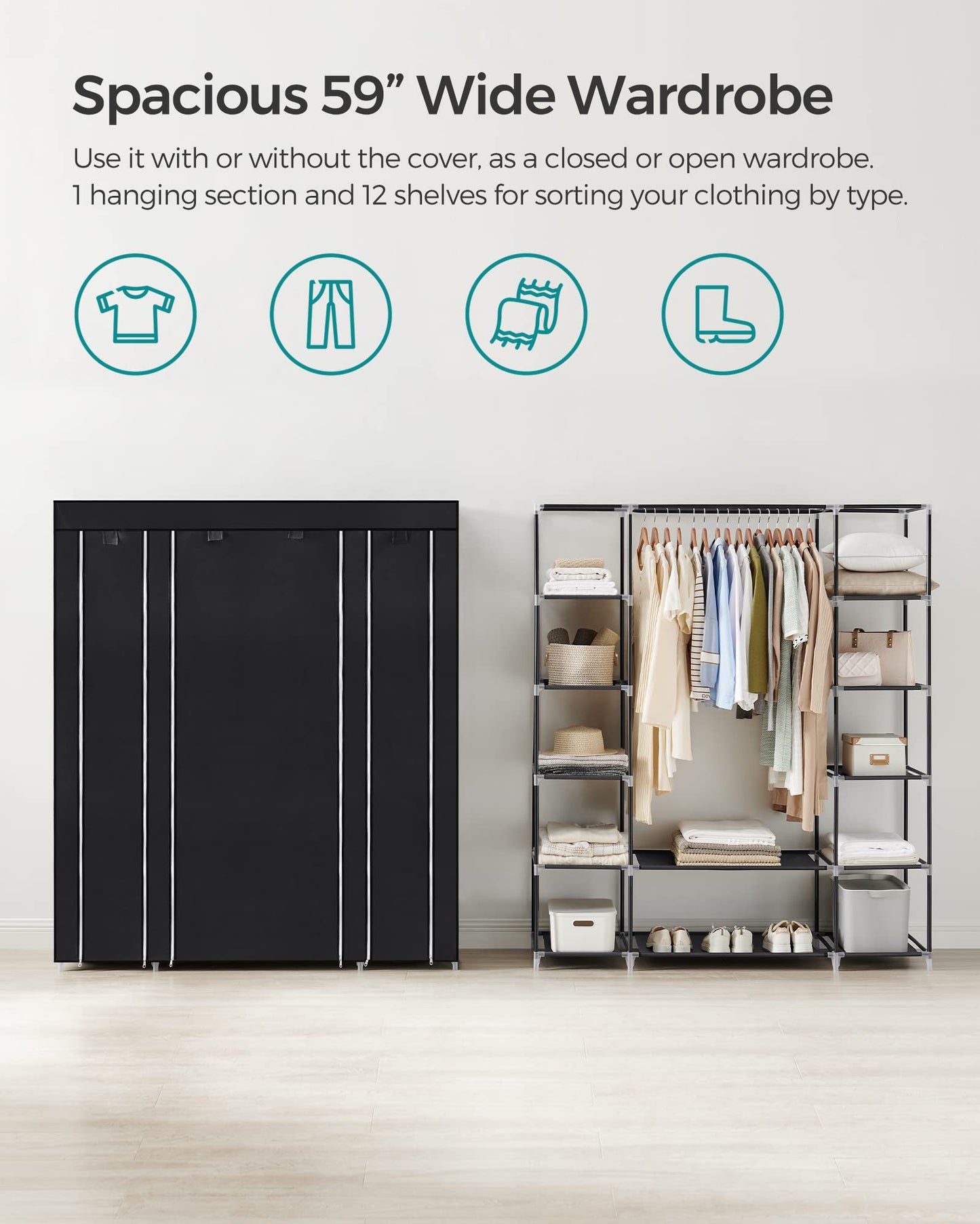 SONGMICS 59" Portable Clothes Closet Wardrobe Storage Organizer with Non-Woven Fabric, Quick and Easy to Assemble, Extra Strong and Durable, Black ULSF03H