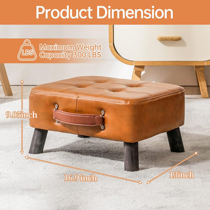 Small foot stool ottoman, Beige PU leather rectangle ottoman footrest, bedside step stool with wood legs, small Rectangular stool, foot rest for couch, small ottoman for desk, living room, bedroom