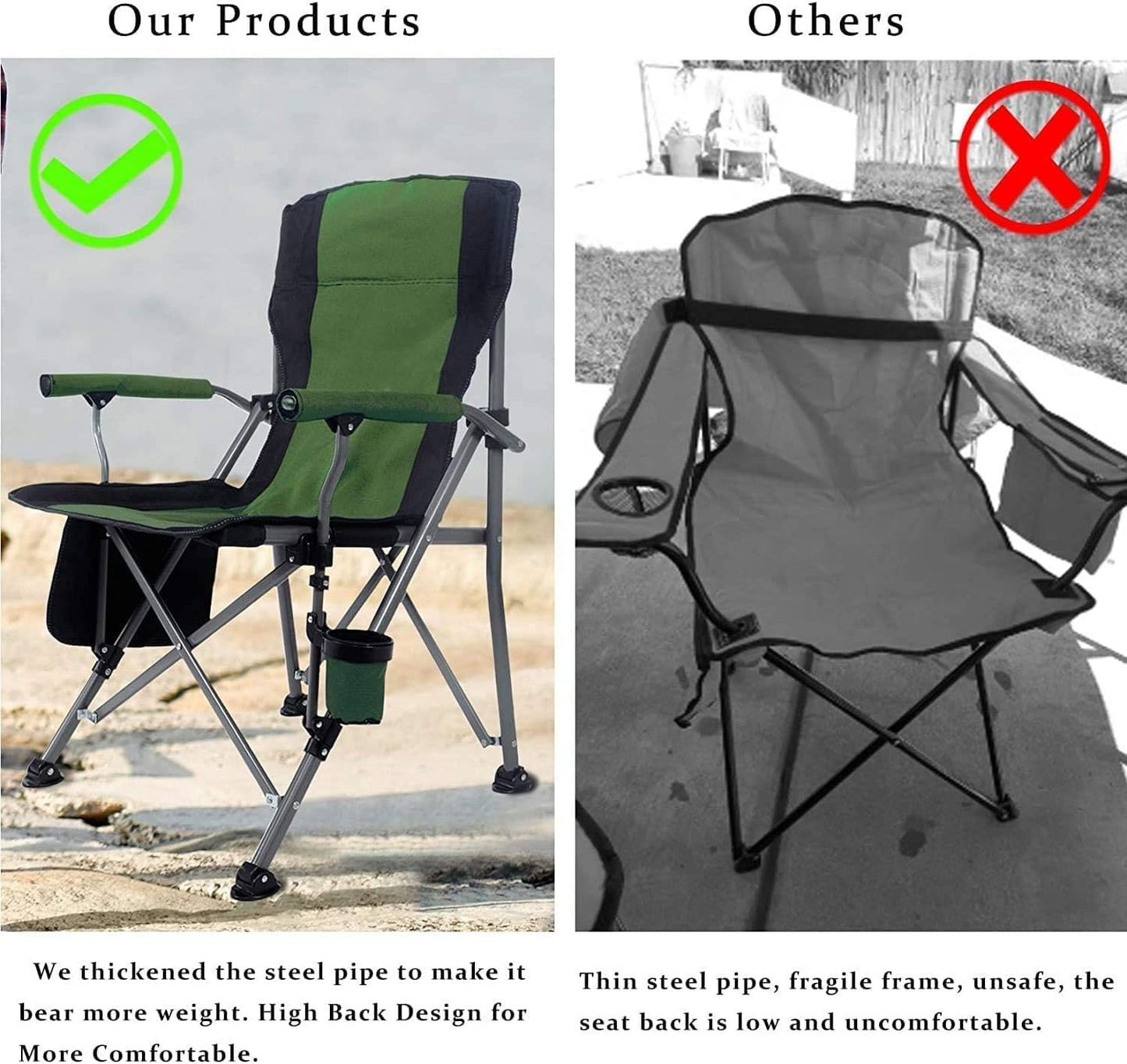 Jorunb Camping Chair for Adults Heavy Duty Outdoor Patio Lawn Chairs Support 350 LBS High Back Padded Oxford with Armrests, Storage Bag, Cup Holder for Fishing, Camping, Foldable (green)