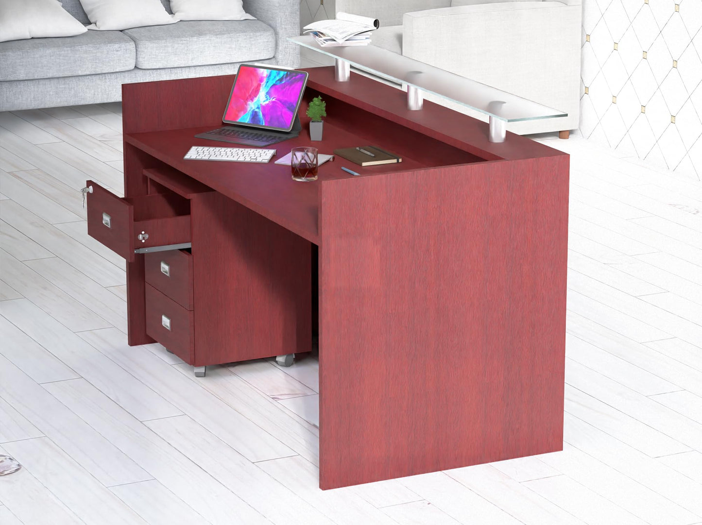 Mahmayi REC-2 Designer Reception Desk For Office Space, Front Office Desk (White-Coco Bolo)